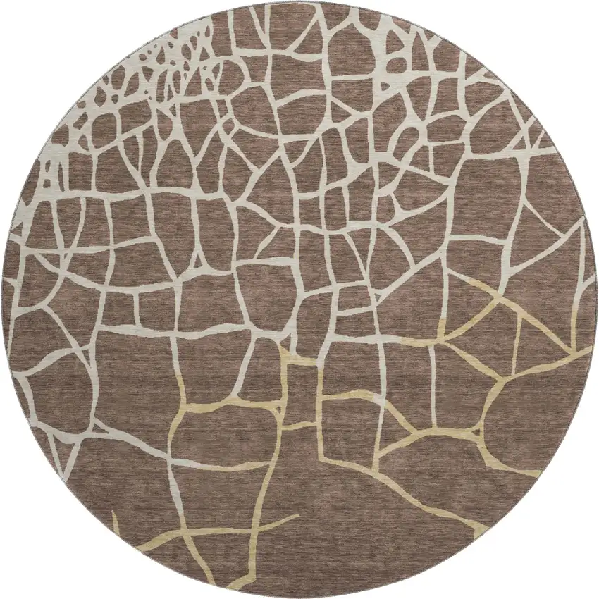 8' Brown Beige And Gold Abstract Geometric Washable Round Rug With UV Protection Photo 1