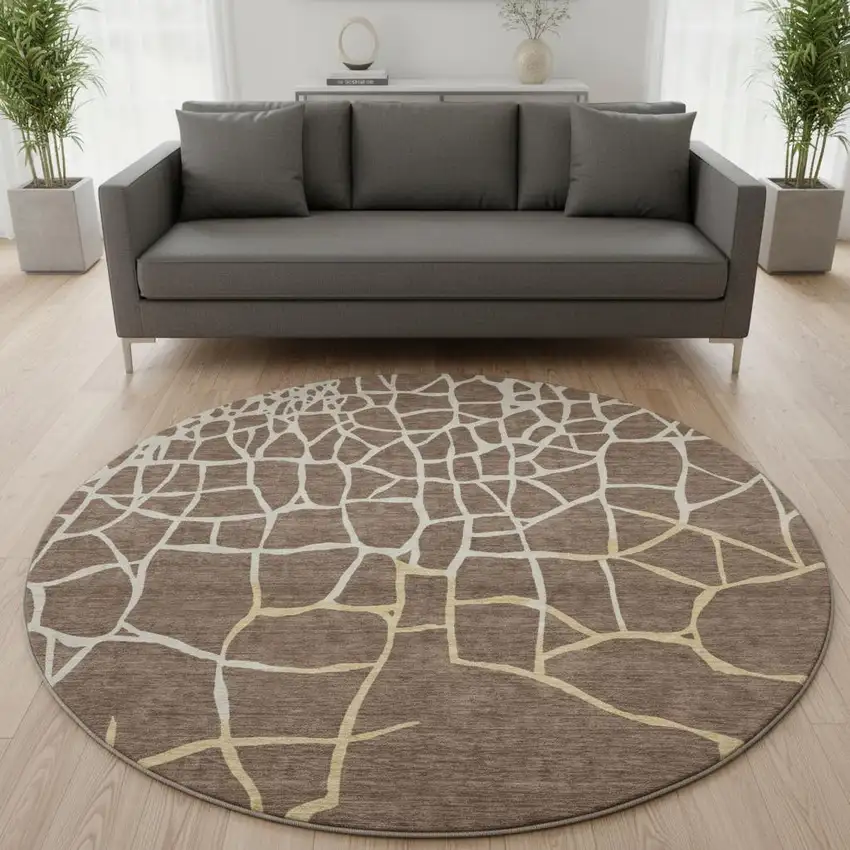 8' Brown Beige And Gold Abstract Geometric Washable Round Rug With UV Protection Photo 2