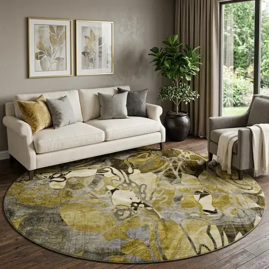 8' Brown Beige And Gold Abstract Distressed Washable Round Rug With UV Protection Photo 1