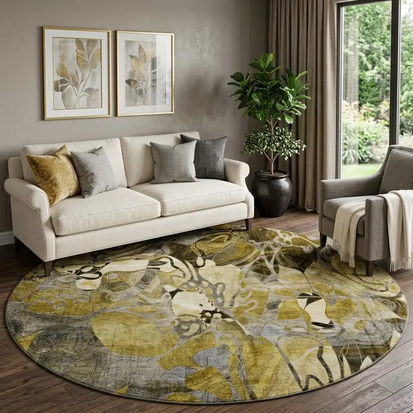 8' Brown Beige And Gold Abstract Distressed Washable Round Rug With UV Protection Photo 1