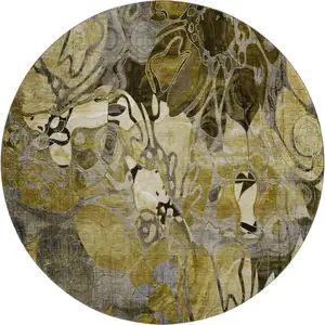 Photo of 8' Brown Beige And Gold Floral Washable Round Rug With UV Protection