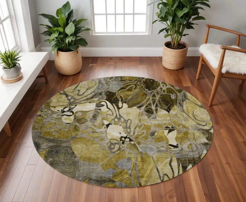 8' Brown Beige And Gold Floral Washable Round Rug With UV Protection Photo 2