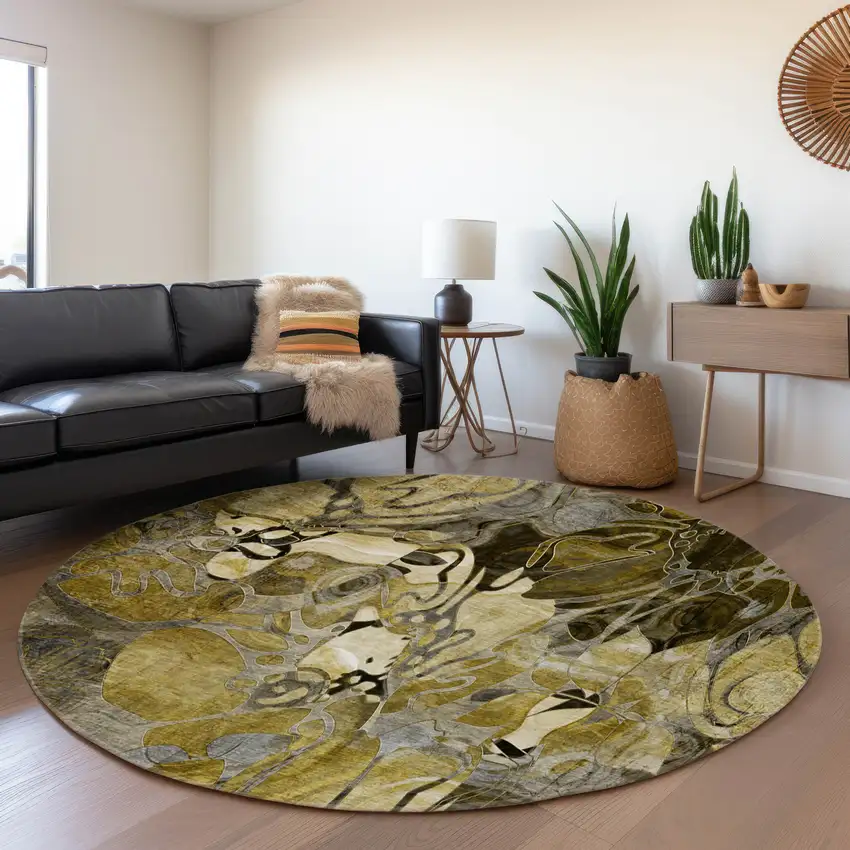 8' Brown Beige And Gold Floral Washable Round Rug With UV Protection Photo 5
