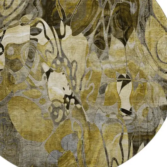 8' Brown Beige And Gold Floral Washable Round Rug With UV Protection Photo 3