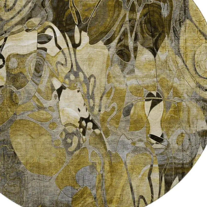 8' Brown Beige And Gold Floral Washable Round Rug With UV Protection Photo 3