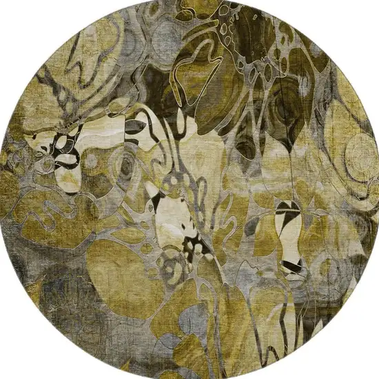 8' Brown Beige And Gold Floral Washable Round Rug With UV Protection Photo 4