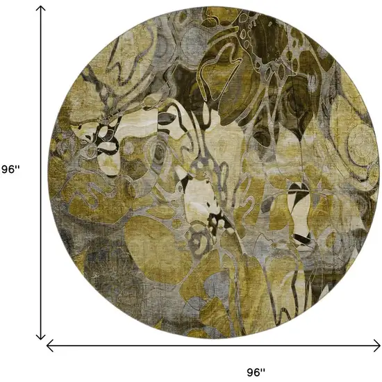 8' Brown Beige And Gold Abstract Distressed Washable Round Rug With UV Protection Photo 9