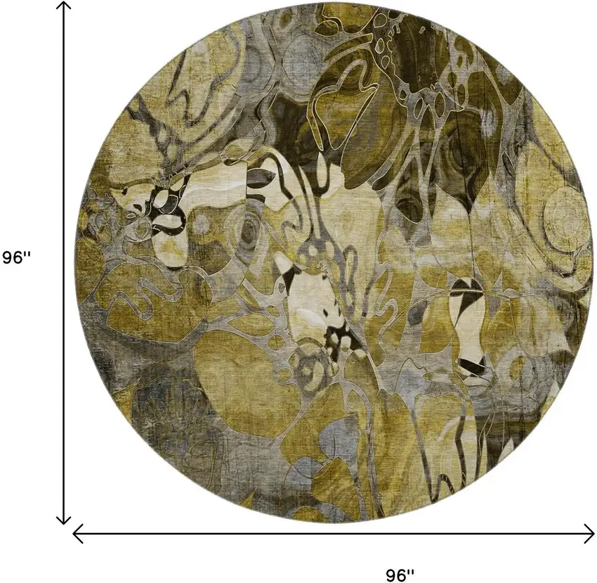8' Brown Beige And Gold Abstract Distressed Washable Round Rug With UV Protection Photo 9