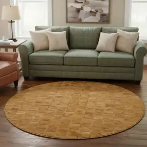 Photo of 8' Brown Beige And Gold Geometric Washable Round Rug With UV Protection