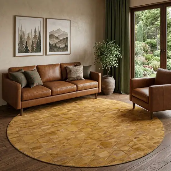 8' Brown Beige And Gold Geometric Washable Round Rug With UV Protection Photo 1