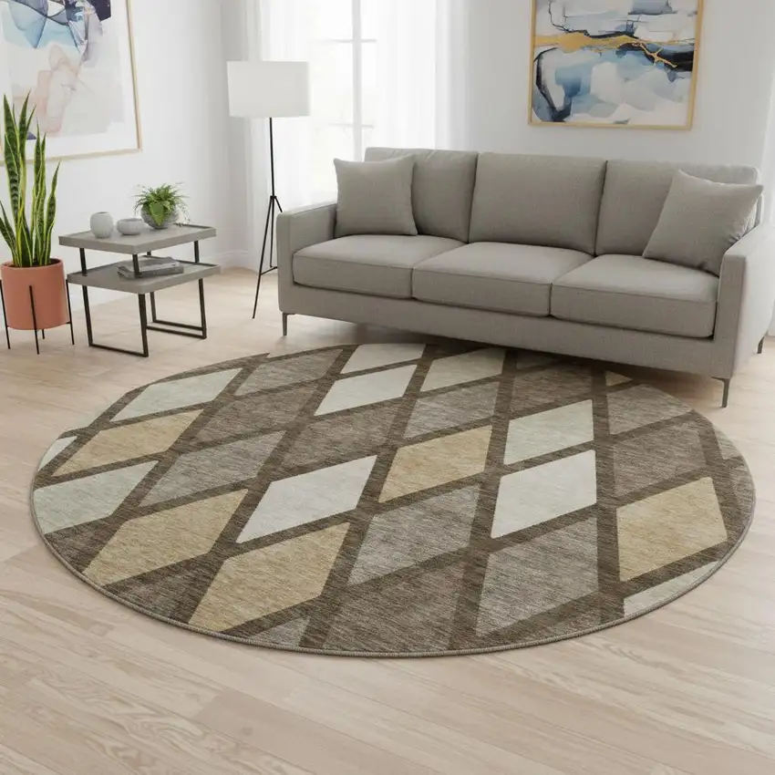 8' Brown Beige And Gold Geometric Washable Round Rug With UV Protection Photo 2