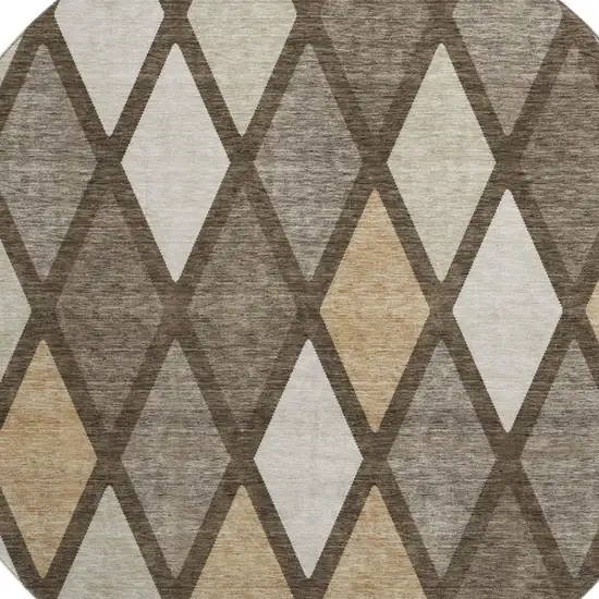 8' Brown Beige And Gold Geometric Washable Round Rug With UV Protection Photo 3
