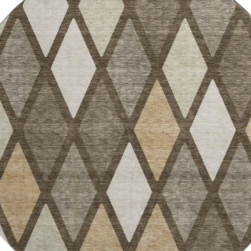 8' Brown Beige And Gold Geometric Washable Round Rug With UV Protection Photo 3