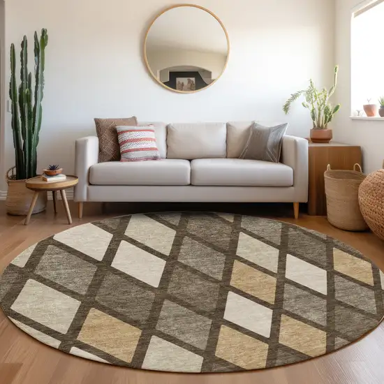8' Brown Beige And Gold Geometric Washable Round Rug With UV Protection Photo 5