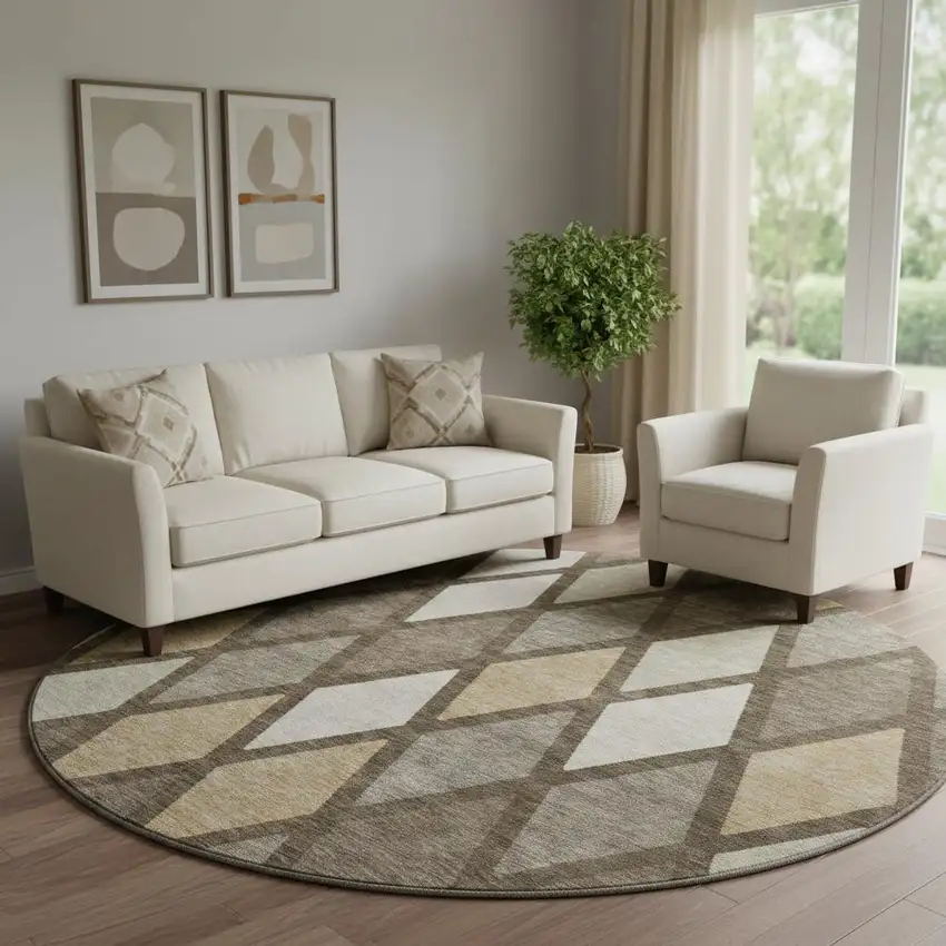 8' Brown Beige And Gold Geometric Washable Round Rug With UV Protection Photo 1