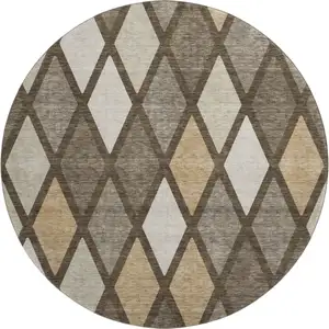 Photo of 8' Brown Beige And Gold Geometric Washable Round Rug With UV Protection
