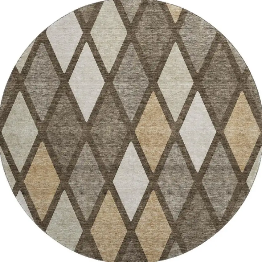 8' Brown Beige And Gold Geometric Washable Round Rug With UV Protection Photo 4
