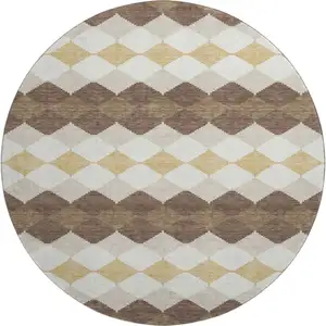Photo of 8' Brown Beige And Gold Geometric Washable Round Rug With UV Protection