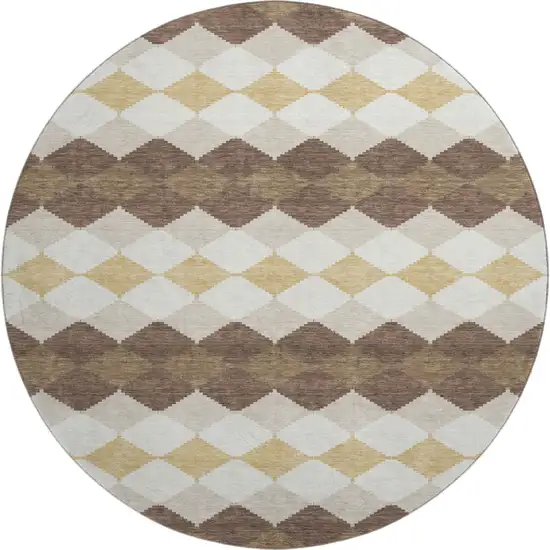 8' Brown Beige And Gold Geometric Washable Round Rug With UV Protection Photo 1