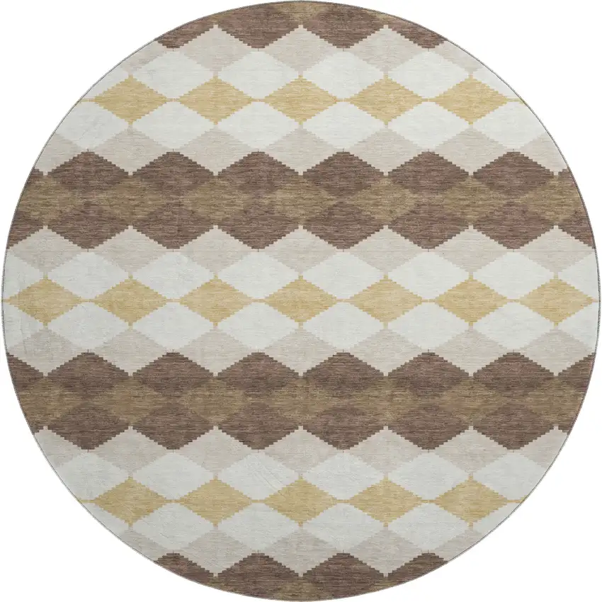 8' Brown Beige And Gold Geometric Washable Round Rug With UV Protection Photo 1