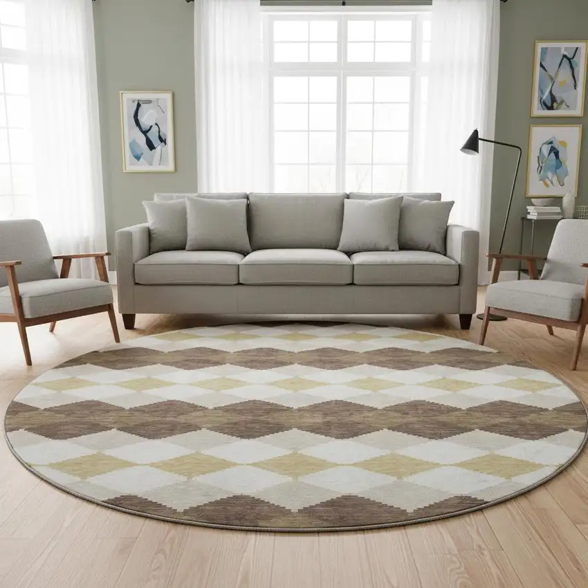 8' Brown Beige And Gold Geometric Washable Round Rug With UV Protection Photo 2