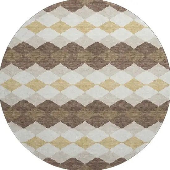 8' Brown Beige And Gold Geometric Washable Round Rug With UV Protection Photo 2