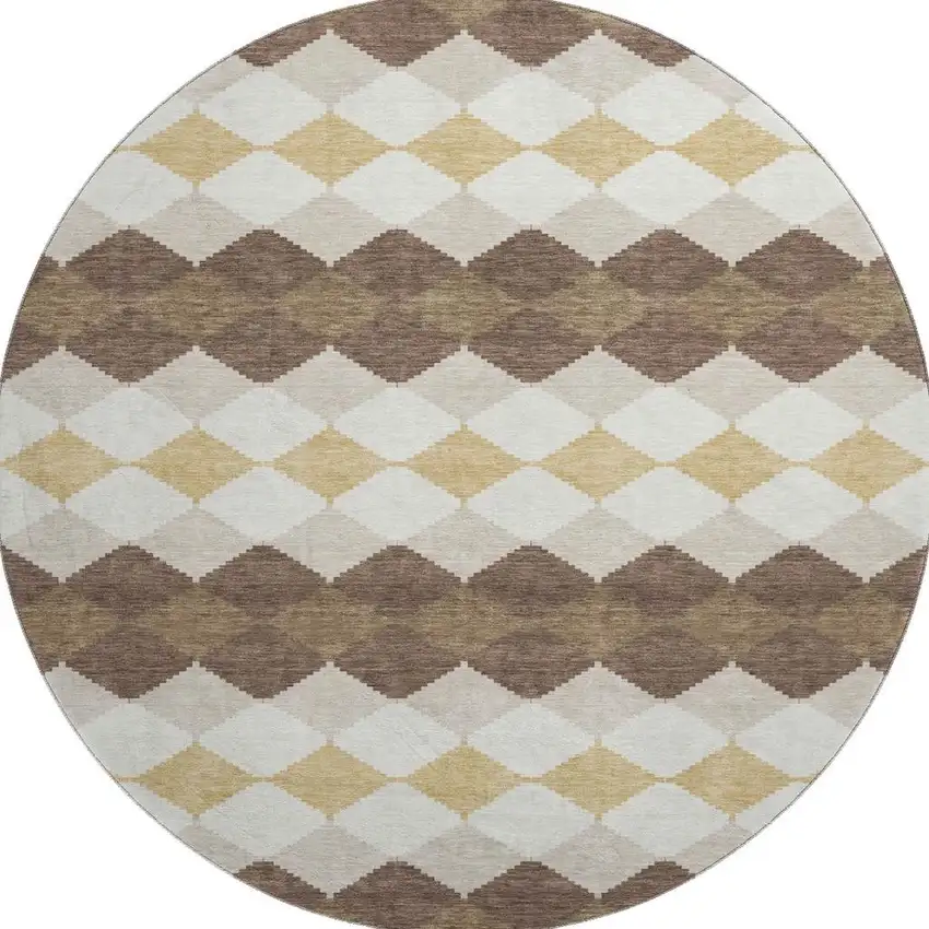 8' Brown Beige And Gold Geometric Washable Round Rug With UV Protection Photo 2