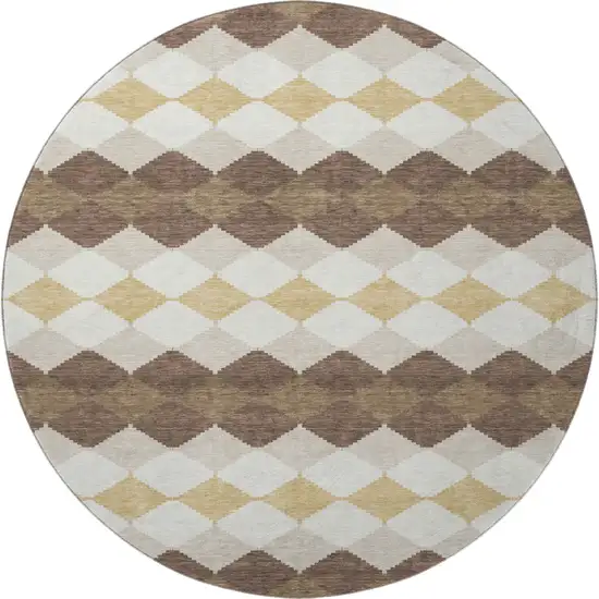 8' Brown Beige And Gold Geometric Washable Round Rug With UV Protection Photo 3