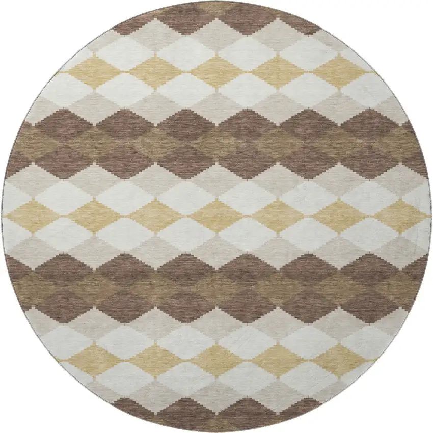 8' Brown Beige And Gold Geometric Washable Round Rug With UV Protection Photo 3