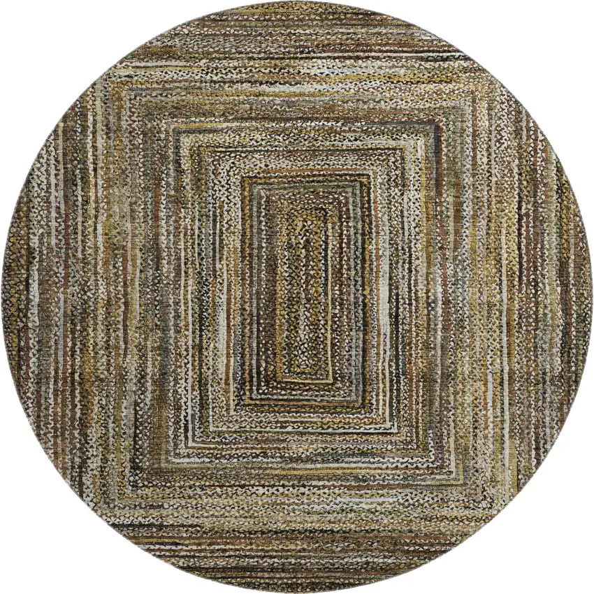 8' Brown Beige And Gold Geometric Washable Round Rug With UV Protection Photo 1