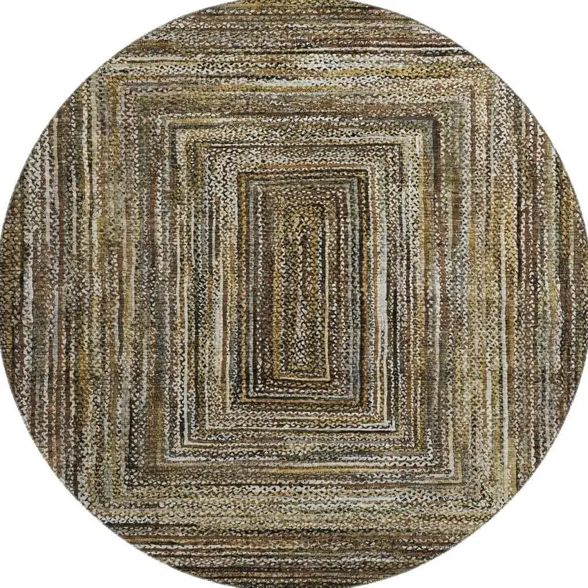 8' Brown Beige And Gold Geometric Washable Round Rug With UV Protection Photo 3