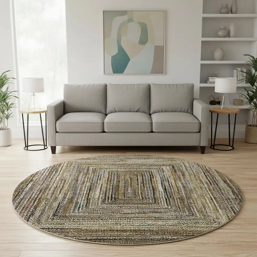 8' Brown Beige And Gold Geometric Washable Round Rug With UV Protection Photo 2