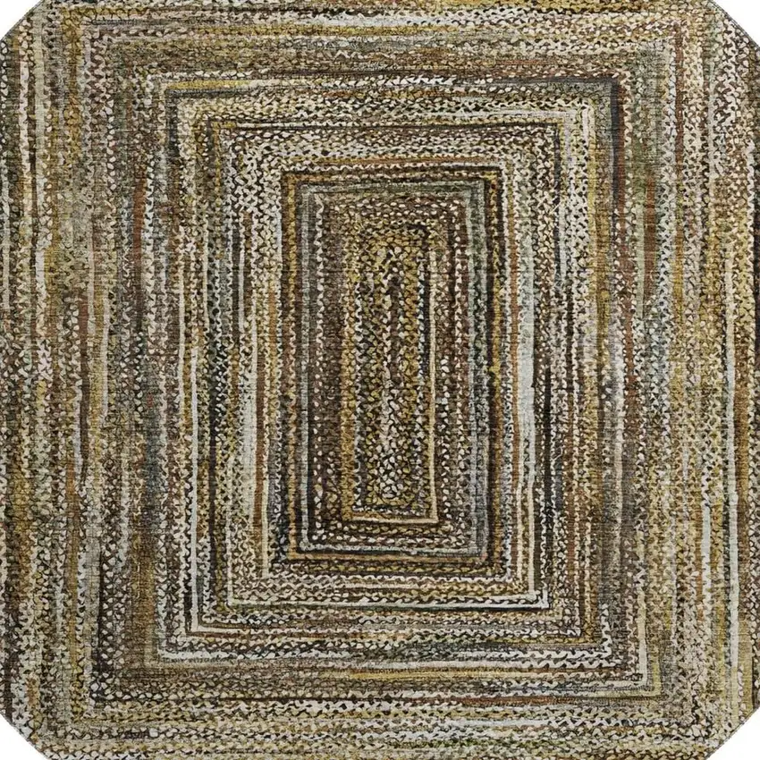 8' Brown Beige And Gold Geometric Washable Round Rug With UV Protection Photo 2