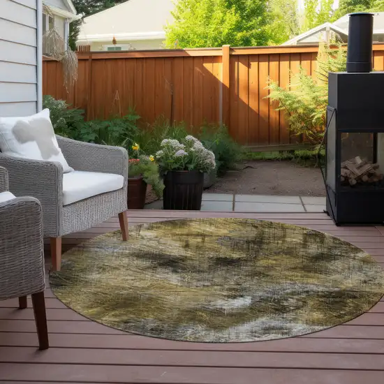 8' Brown Beige And Gold Round Abstract Washable Indoor Outdoor Area Rug Photo 6