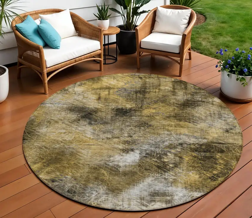 8' Brown Beige And Gold Round Abstract Washable Indoor Outdoor Area Rug Photo 1