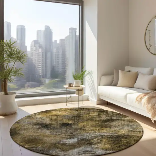 8' Brown Beige And Gold Round Abstract Washable Indoor Outdoor Area Rug Photo 7
