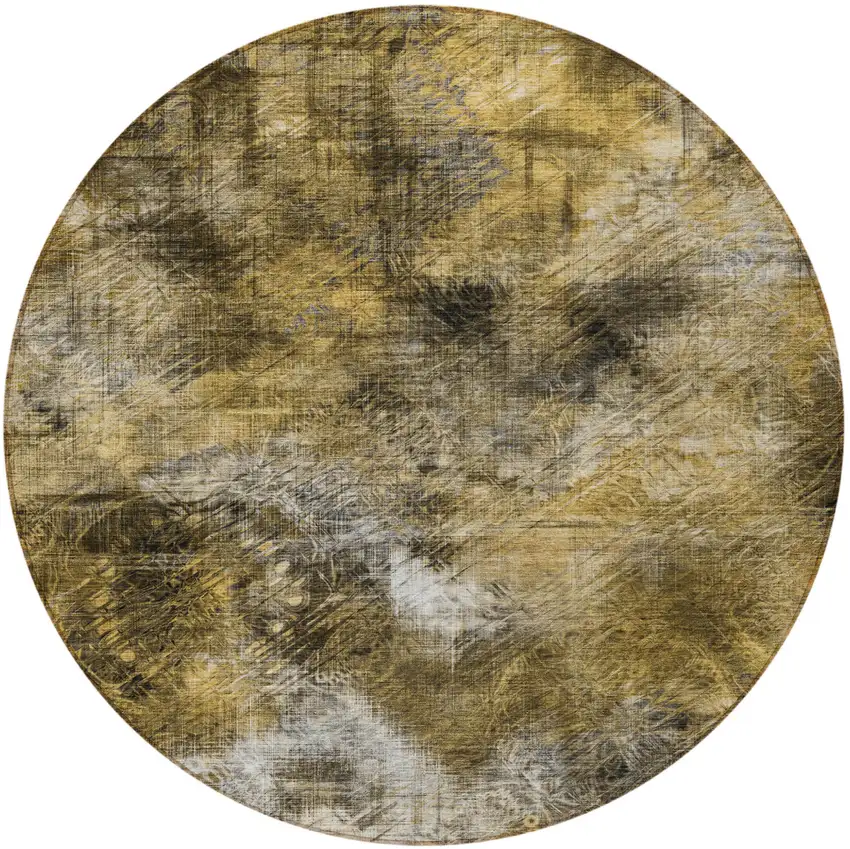 8' Brown Beige And Gold Round Abstract Washable Indoor Outdoor Area Rug Photo 5