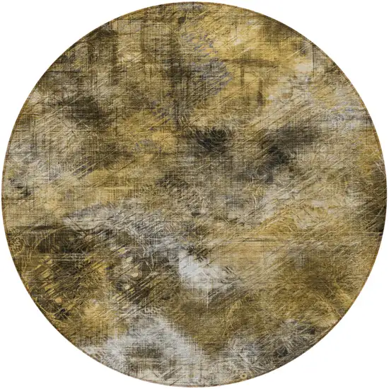 8' Brown Beige And Gold Round Abstract Washable Indoor Outdoor Area Rug Photo 5