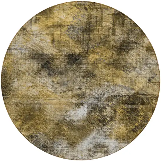 8' Brown Beige And Gold Round Abstract Washable Indoor Outdoor Area Rug Photo 2