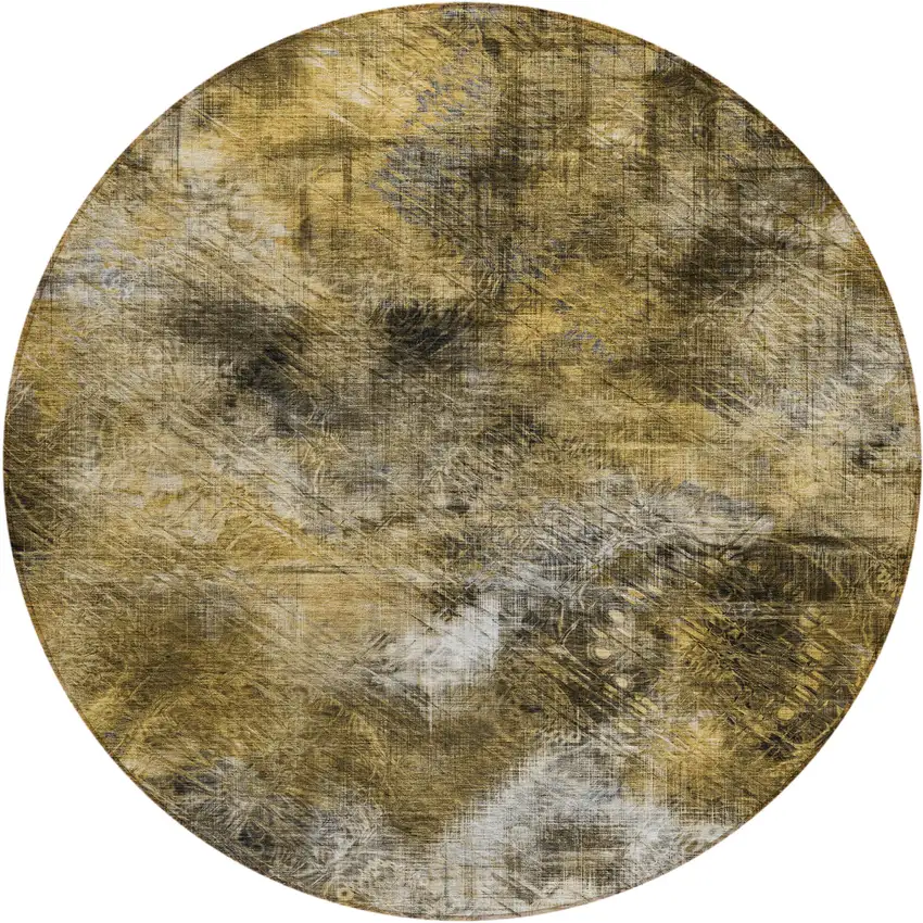 8' Brown Beige And Gold Round Abstract Washable Indoor Outdoor Area Rug Photo 2