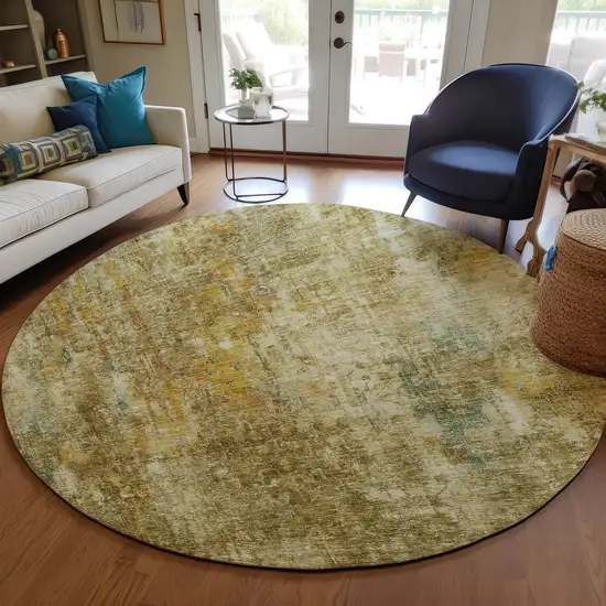 8' Brown Beige And Gold Round Abstract Washable Indoor Outdoor Area Rug Photo 7