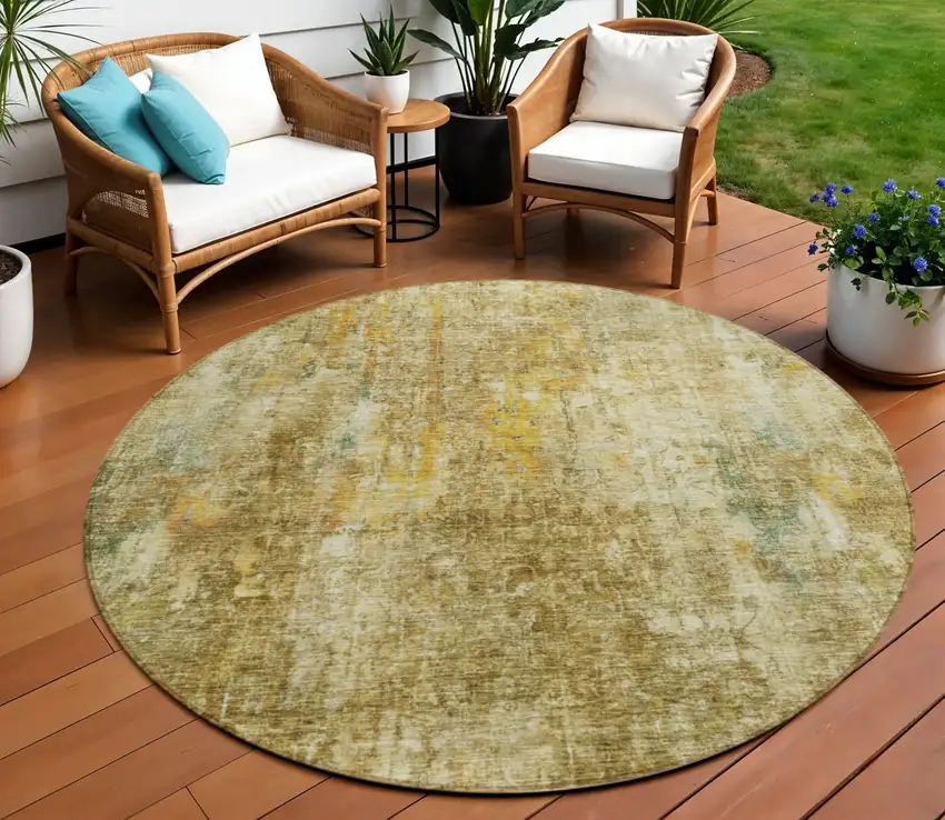 8' Brown Beige And Gold Round Abstract Washable Indoor Outdoor Area Rug Photo 1