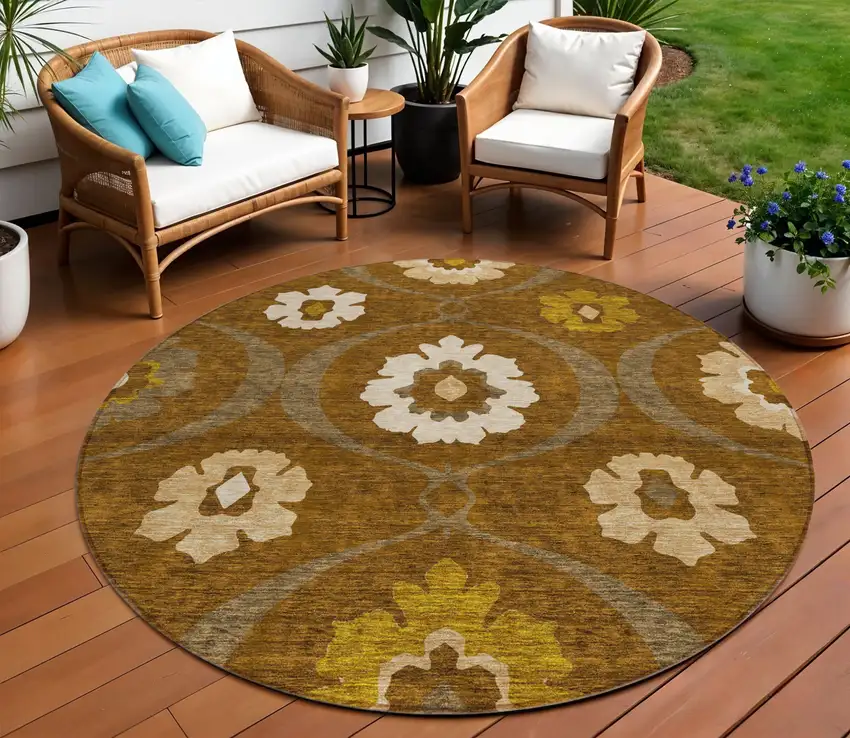 8' Brown Beige And Gold Round Medallion Washable Indoor Outdoor Area Rug Photo 1