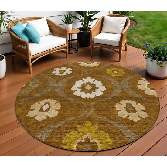 8' Brown Beige And Gold Round Medallion Washable Indoor Outdoor Area Rug Photo 1
