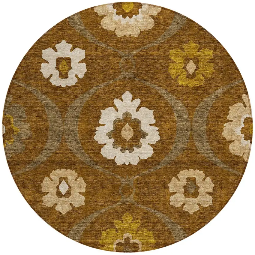 8' Brown Beige And Gold Round Medallion Washable Indoor Outdoor Area Rug Photo 7