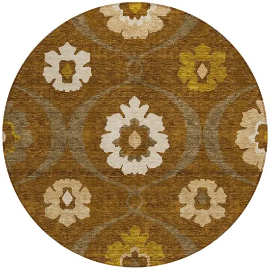 8' Brown Beige And Gold Round Medallion Washable Indoor Outdoor Area Rug Photo 7