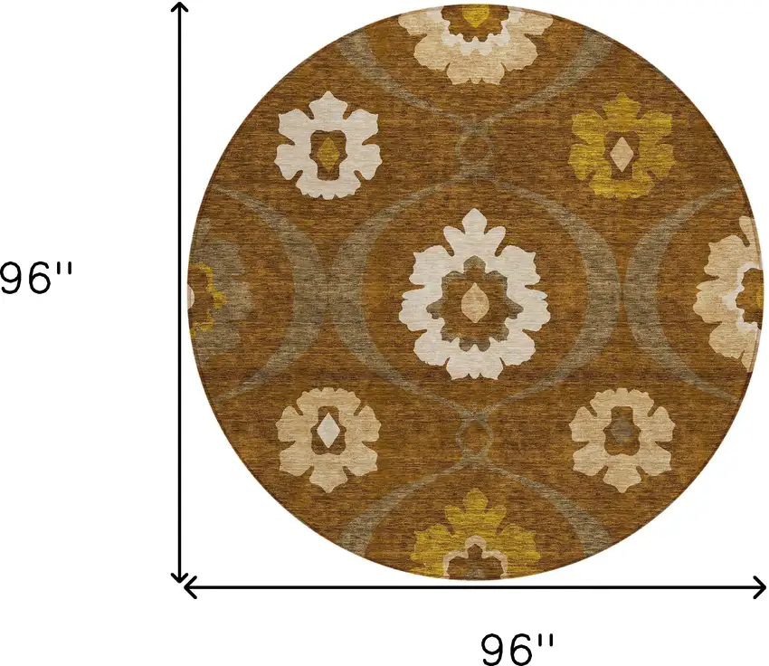 8' Brown Beige And Gold Round Medallion Washable Indoor Outdoor Area Rug Photo 3