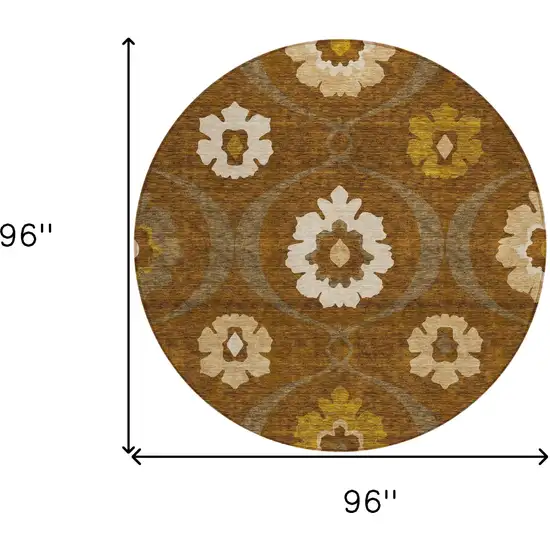 8' Brown Beige And Gold Round Medallion Washable Indoor Outdoor Area Rug Photo 3