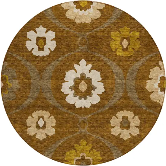 8' Brown Beige And Gold Round Medallion Washable Indoor Outdoor Area Rug Photo 2