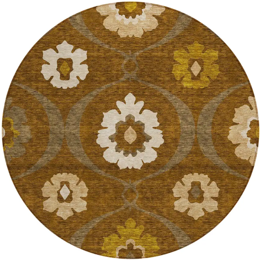 8' Brown Beige And Gold Round Medallion Washable Indoor Outdoor Area Rug Photo 2